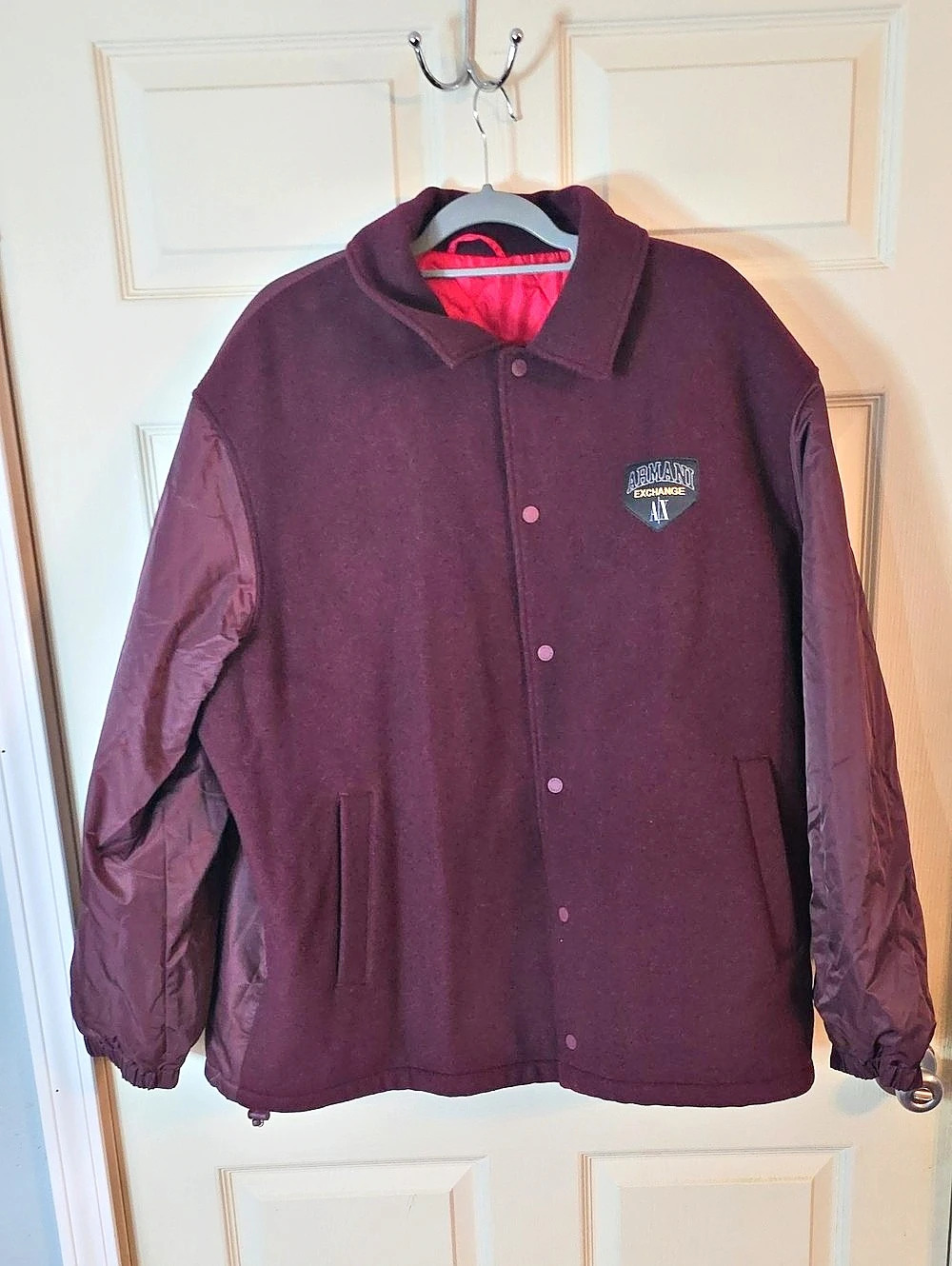 A|X Armani Exchange Men's Campus Logo Bomber Coach Jacket Maroon